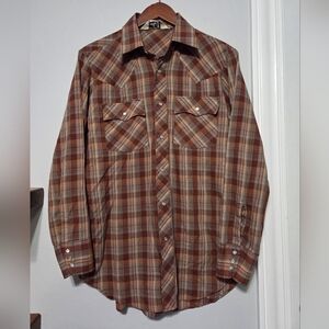 Chute#1 Brown/Tan Western Pearl Snap Cowboy Plaid Shirt Men's Size Medium 15 1/2